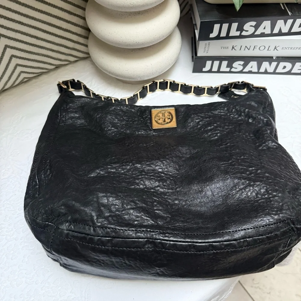 Tory Burch Black Leather Hobo with Gold Chain Detail